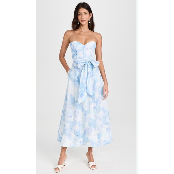 Bardot Strapless Watercolor Midi DressUS 12